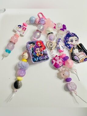 K-Pop Purple Pink Beaded Phone Charm with Character Charms